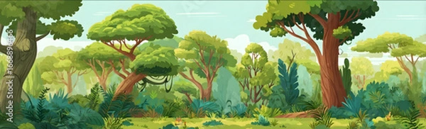 Fototapeta a scene of the story Adam and Eva a tropic forest with beatiful big trees and gardenso much space cute cartoon in minimalistic cartoon kids style vector highd.