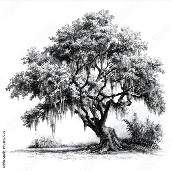 Fototapeta live oak tree with spanish moss black and white drawing.