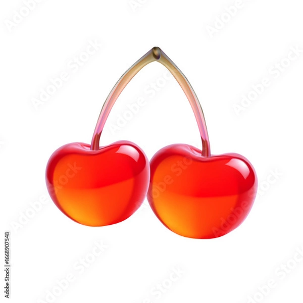 Obraz Two cherries joined at stem. Sweet fruit icon illustration. Food marketing design health. Glossy white background vector