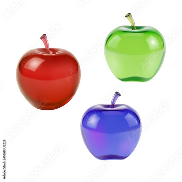Obraz Three glossy apple icons. Shiny fruit illustration health nutrition nature art. Food juice cooking education web design. Glossy style white background vector illustration