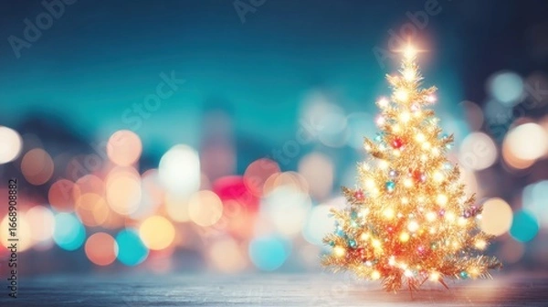 Fototapeta Brightly lit Christmas tree stands against a blurred festive background at night