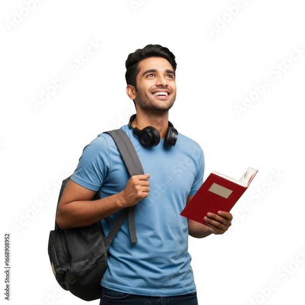 Fototapeta Young man with backpack and book looking upward isolated on transparent background