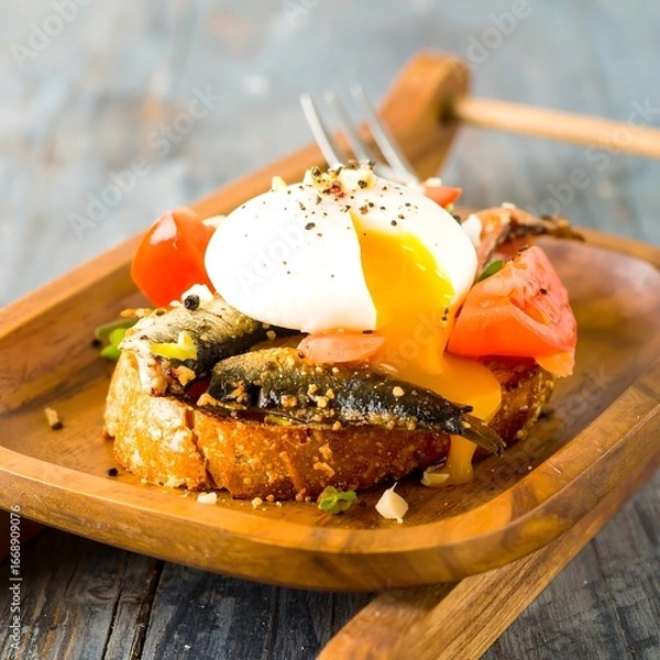 Fototapeta Poached egg on toast with anchovies and tomatoes