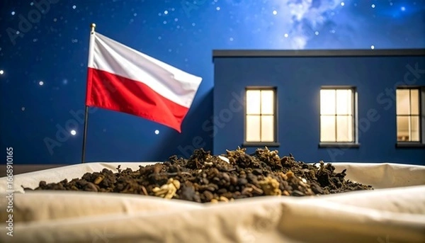Fototapeta Polish flag atop a pile of soil at night