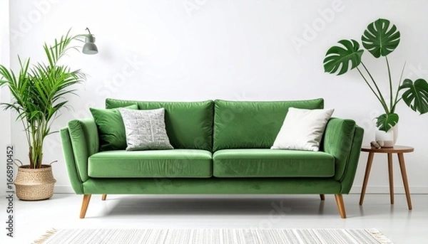 Fototapeta Green velvet tufted sofa with rolled arms and wooden turned legs, placed against a minimalist white wall with a potted plant