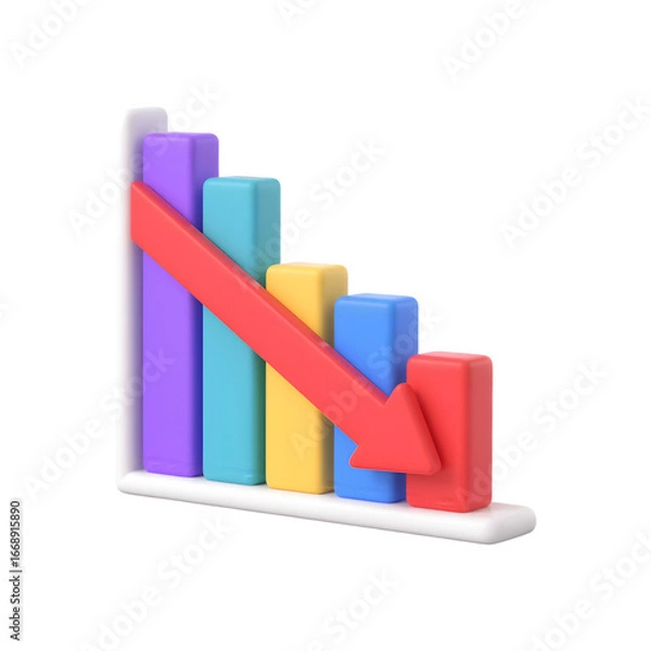Obraz 3D Downward Trend Bar Chart With Red Arrow Illustration on Transparent Background