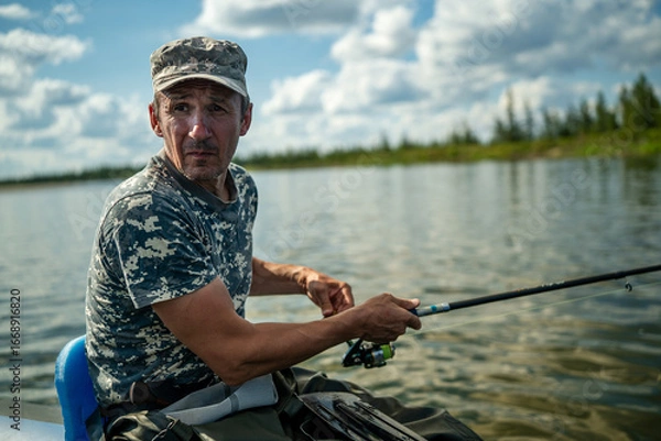Fototapeta Close-up of an elderly fisherman fishing with a spinning rod