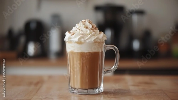Fototapeta Delightful Irish coffee topped with creamy whipped cream in a cozy cafe setting awaiting enjoyment