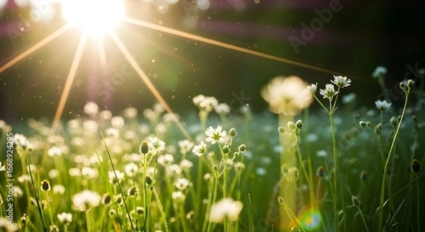 Obraz Sunbeams shine down on a lush field of small white wildflowers