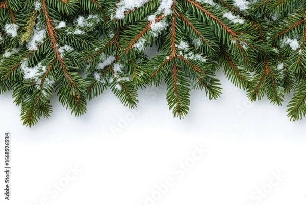 Obraz Snow-dusted evergreen boughs arranged horizontally against a stark white background, leaving ample space below