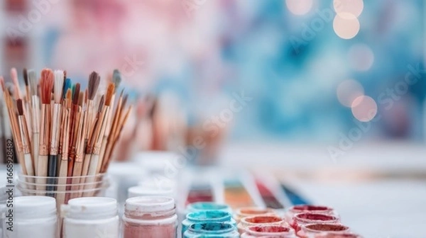 Fototapeta Art supplies on a table showcasing brushes and paint jars in a creative space