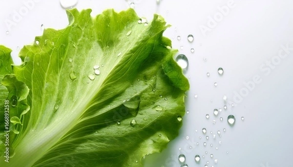 Fototapeta fresh lettuce leaf with dew kissed water droplets glistening on its surface against a clean white background