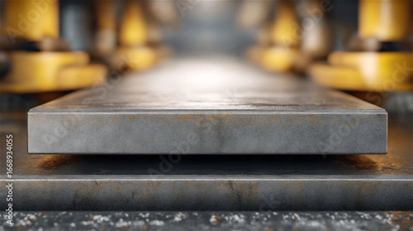 Fototapeta Glowing hot steel slab on rolling mill line, sparks flying around, representing heavy metallurgy, power, production process and strength of industrial manufacturing.