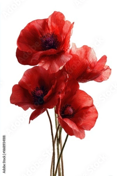Fototapeta Four vibrant red poppies, stems clustered, against a stark white background, showcasing delicate petals and dark centers