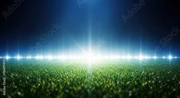 Fototapeta A vibrant, illuminated field of green grass under stadium lights at night.
