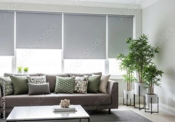 Fototapeta Modern and serene living room interior with a comfortable grey sofa, stylish throw pillows, a white coffee table, and bright isolated with grey roller blinds, complemented by lush indoor plants.