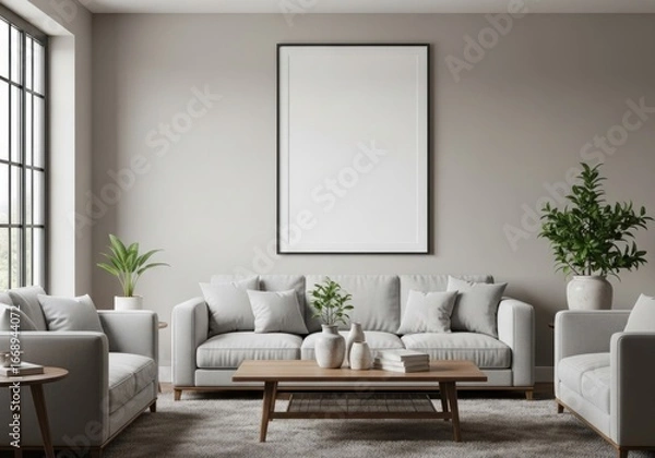 Fototapeta Modern Minimalist Living Room Interior with Light Grey Sofas, Wooden Coffee Table, and a Blank Picture Frame Mockup on Neutral Walls