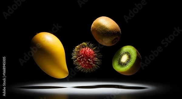 Obraz Surreal Composition of Fruits and a Virus Model Levitating Artfully