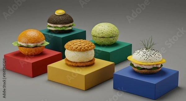 Obraz Miniature Food Creations Displayed on Colorful Cubes