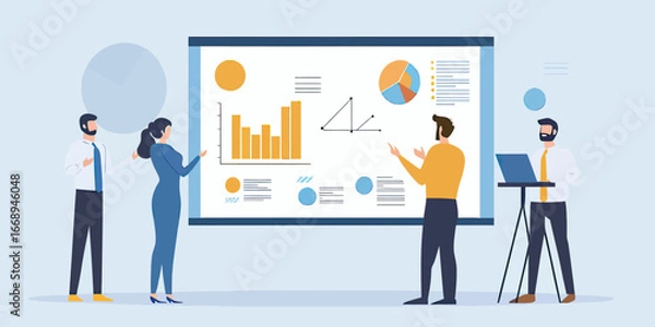Fototapeta business team meeting presentation with infographic charts on large screen flat vector illustration for corporate collaboration and teamwork concept