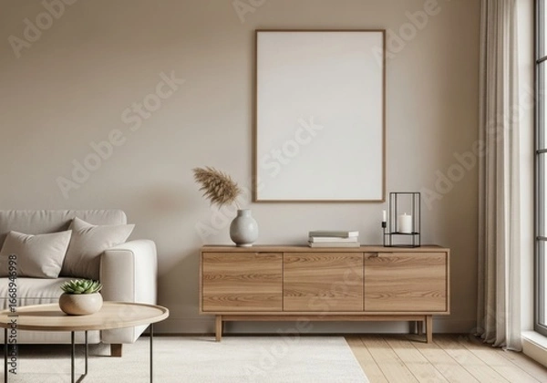 Fototapeta Minimalist Living Room Interior with Neutral Tones, Wooden Furniture, and Blank Vertical Frame Mockup