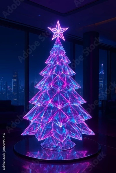 Fototapeta AI-Generated Crystal Christmas Tree in a Modern Skyscraper Interior
