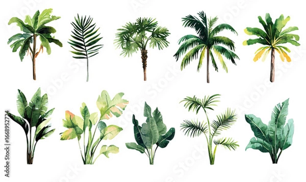 Fototapeta Watercolor tropical palm trees and large banana leaves set with lush green foliage isolated on white background in flat minimalist vector style for summer design elements