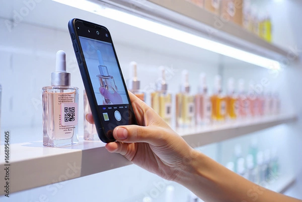 Fototapeta Hand Scanning QR Code on Skincare Bottle with Smartphone