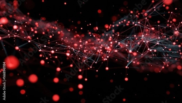 Fototapeta Abstract network of glowing red dots and lines on black background