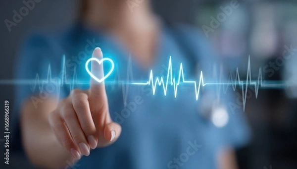 Fototapeta Female nurse touches a glowing heart with an EKG line in front of neutral background