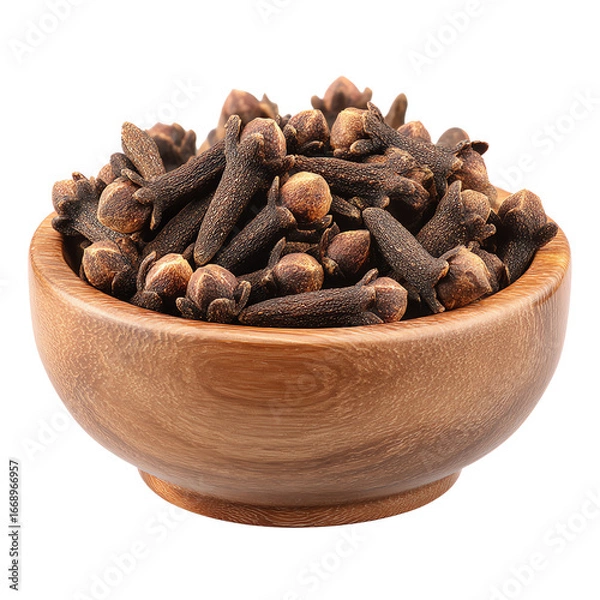 Fototapeta Round Wooden Bowl with Cloves 3D PNG – Spice and Herb, Isolated Transparent Background on White Background