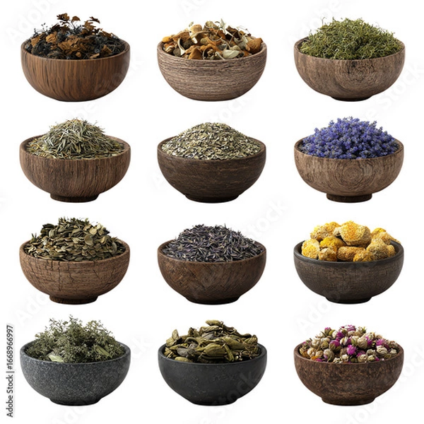 Fototapeta 3D Collection of Dried Herbs in Bowls PNG – Isolated Transparent Background on White Background