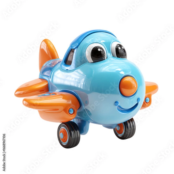 Fototapeta 3D Colorful Airplane with Happy Eyes and Smiling Face Cartoon PNG – Isolated Transparent Background on White Background