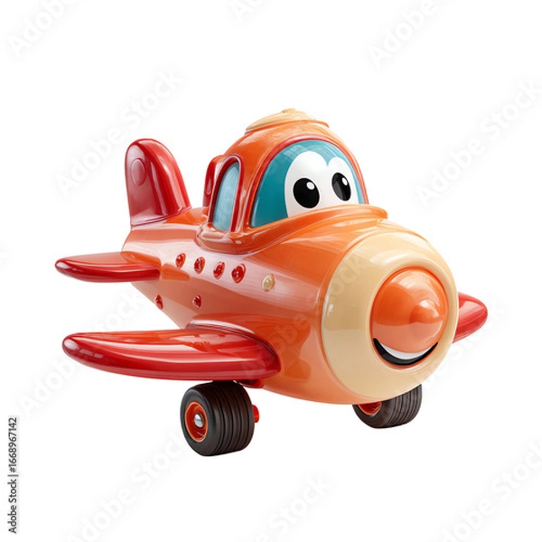 Fototapeta Cute Cartoon Airplane 3D PNG – Colorful Plane with Happy Face and Big Eyes, Isolated Transparent Background on White Background