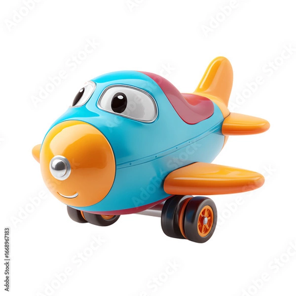 Fototapeta Funny 3D Colorful Plane with Smiling Face Cartoon PNG – Airplane Character, Isolated Transparent Background on White Background