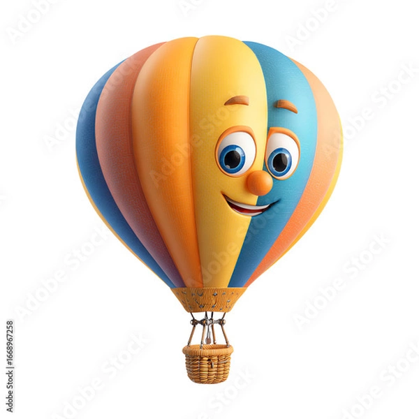 Fototapeta 3D Colorful Hot Air Balloon with Smiling Face Cartoon PNG – Isolated Transparent Background on White Background