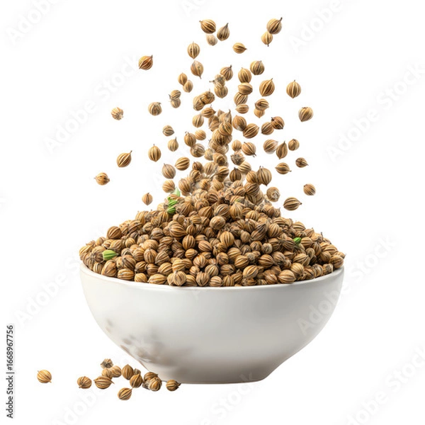 Fototapeta 3D Coriander Seeds Spilling from Small Bowl PNG – Isolated Transparent Background on White Background