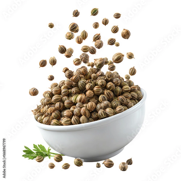 Fototapeta Coriander Seeds in Small Bowl 3D PNG – Spilled Spice Illustration, Isolated Transparent Background on White Background
