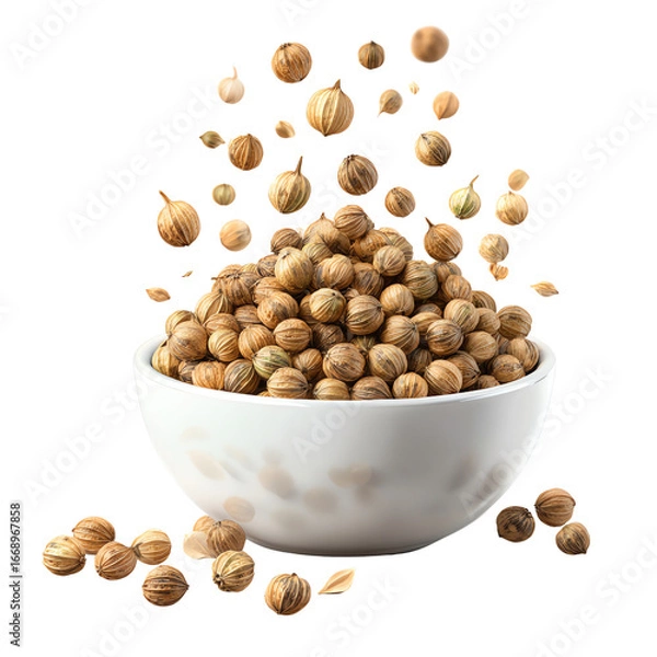 Fototapeta 3D Bowl with Coriander Seeds PNG – Spices Spilling Realistic Render, Isolated Transparent Background on White Background