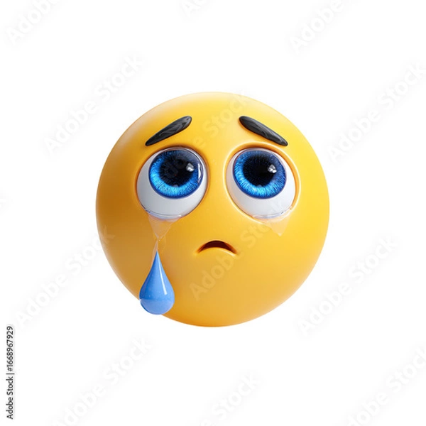 Fototapeta Sad Crying Emoji 3D PNG – Cartoon Face with Tears, Isolated Transparent Background on White Background