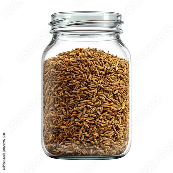 Fototapeta 3D Glass Jar with Cumin Seeds PNG – Spice Container, Isolated Transparent Background on White Background
