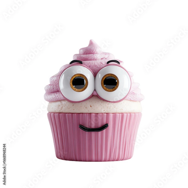 Fototapeta 3D Cupcake Character PNG – Pink Frosting with Cute Eyes, Isolated Transparent Background on White Background