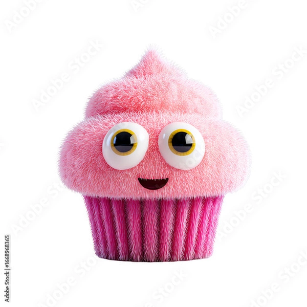 Fototapeta Cute 3D Cupcake with Pink Frosting PNG – Kawaii Dessert Character, Isolated Transparent Background on White Background