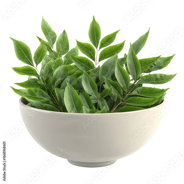 Fototapeta Realistic 3D Curry Leaves PNG – Fresh Herb in Ceramic Bowl, Isolated Transparent Background on White Background