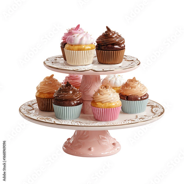 Fototapeta 3D Mini Cupcake Stand PNG – Decorative Dessert Display, Isolated Transparent Background on White Background