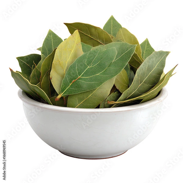 Fototapeta 3D Dried Bay Leaves PNG – Stacked in Bowl, Isolated Transparent Background on White Background