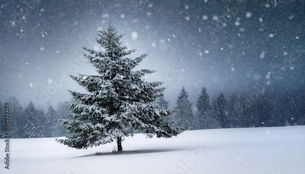Fototapeta a solitary evergreen tree stands in a snowy landscape under a softly falling snow a peaceful winter scene
