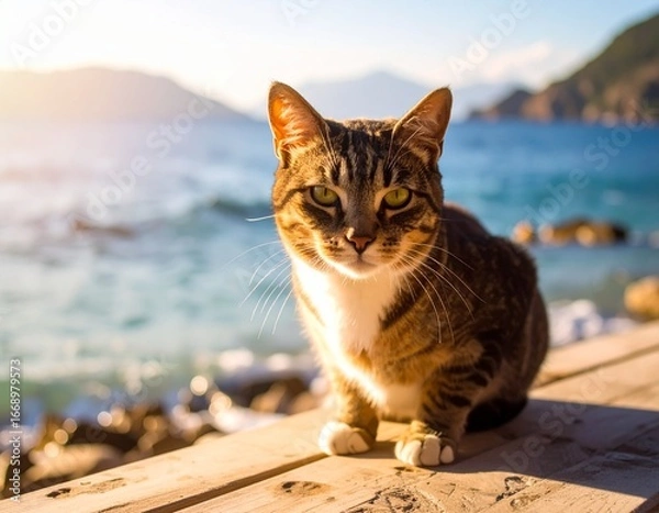 Obraz 海を背景にした猫