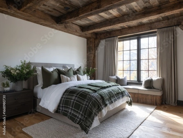 Fototapeta A comfortable and stylish bedroom boasts a rustic wooden ceiling, a large window with light beige curtains, and a cozy plaid blanket on a bed with gray upholstered headboard.