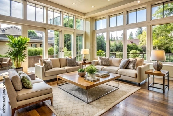 Fototapeta Bright and airy living room with large windows and comfortable furniture